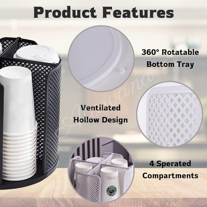 Atarvana Rotatable Coffee Cup Dispenser with 4 Compartments, Atavarna Cups and Lids Holder for 5-16oz Cups Organizer for Restaurant, Coffee Station, Bar, Office, Home-9.25" x 9.25" x 8.66" - Image 3